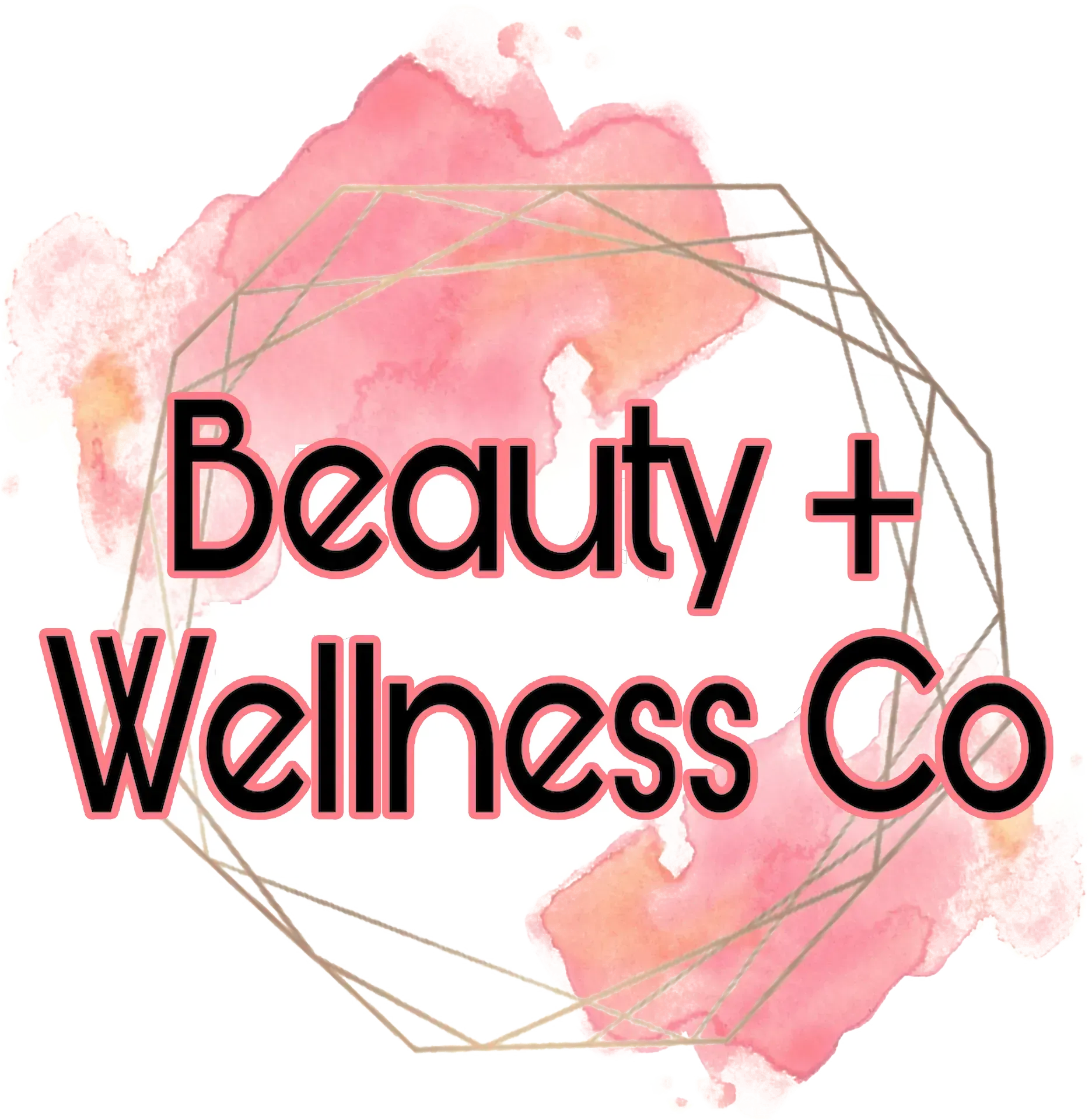 Pink watercolor logo reading “Beauty + Wellness Co” with a gold geometric frame
