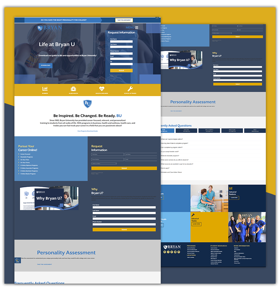 Collage of blue and gold university website pages with navigation menus, forms, and campus photos