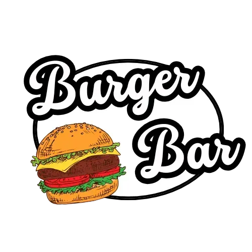 Burger Bar logo with a cheeseburger illustration and bold black script text on white background