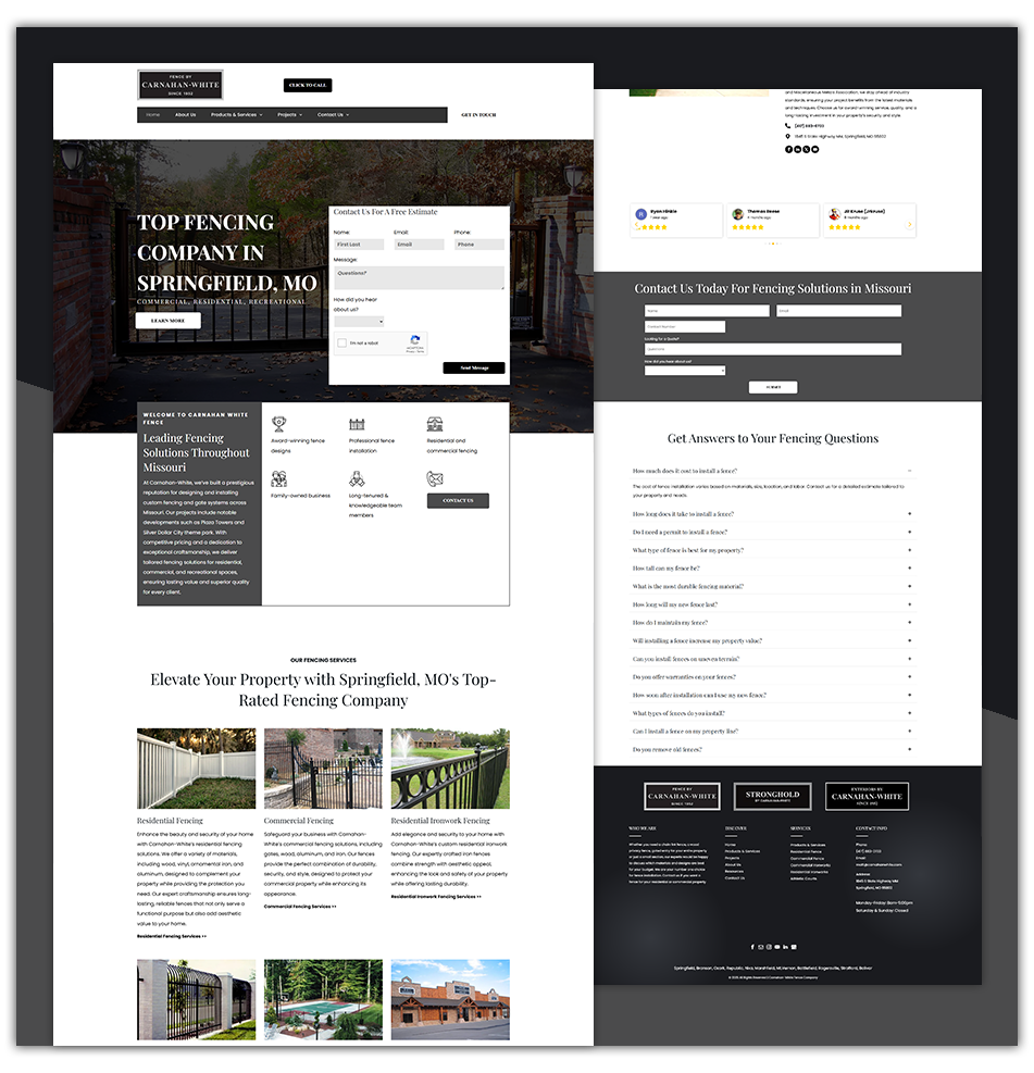 Two overlapping real estate website mockups with white and dark layouts and property search forms