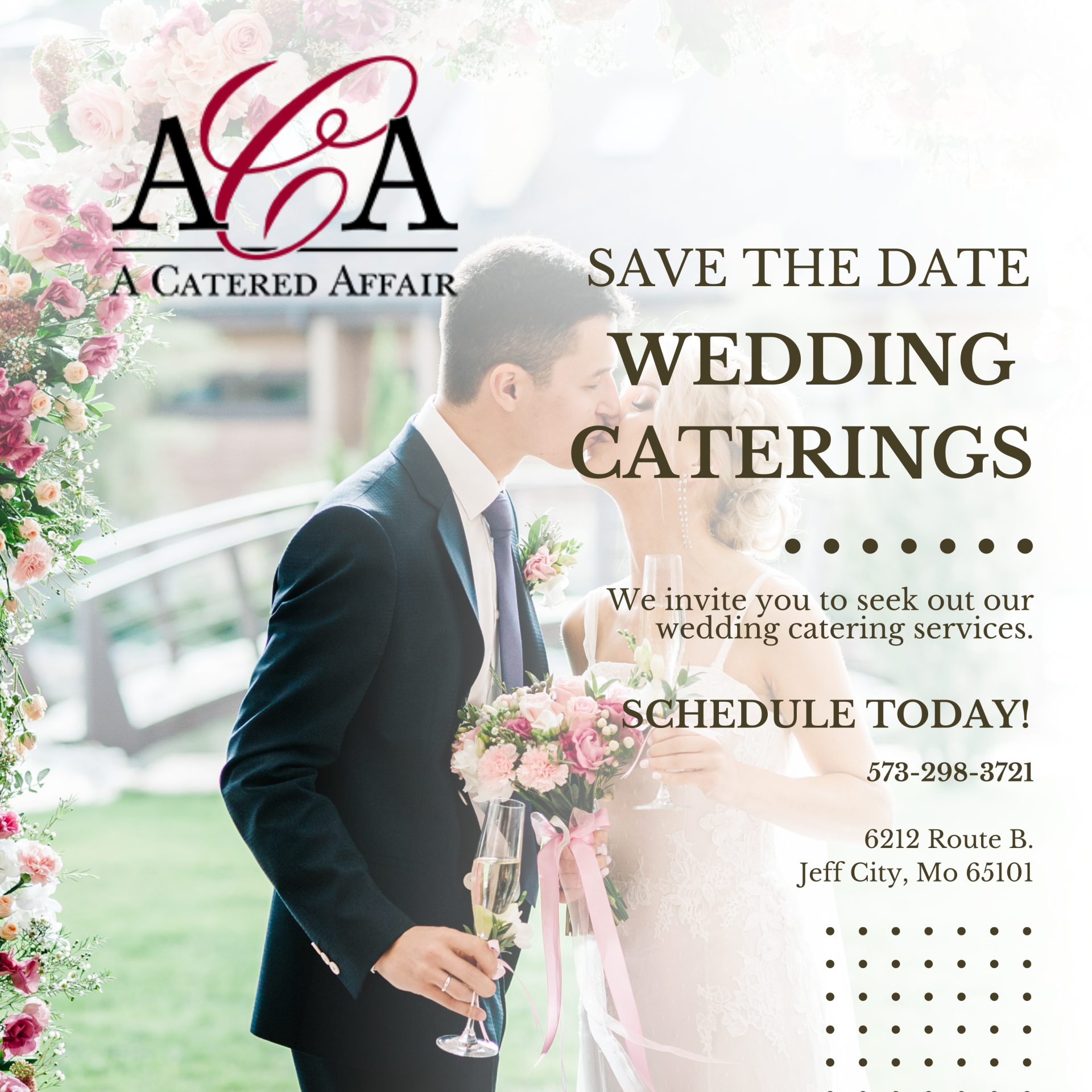 Wedding catering ad with a suited man holding a bouquet and text: “Save the date. Wedding Caterings. Schedule today!”