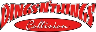 Dings N Things Collision logo in red and white text on a gray background