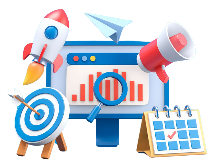 Marketing analytics illustration with rocket, target, magnifying glass, chart, and calendar icons