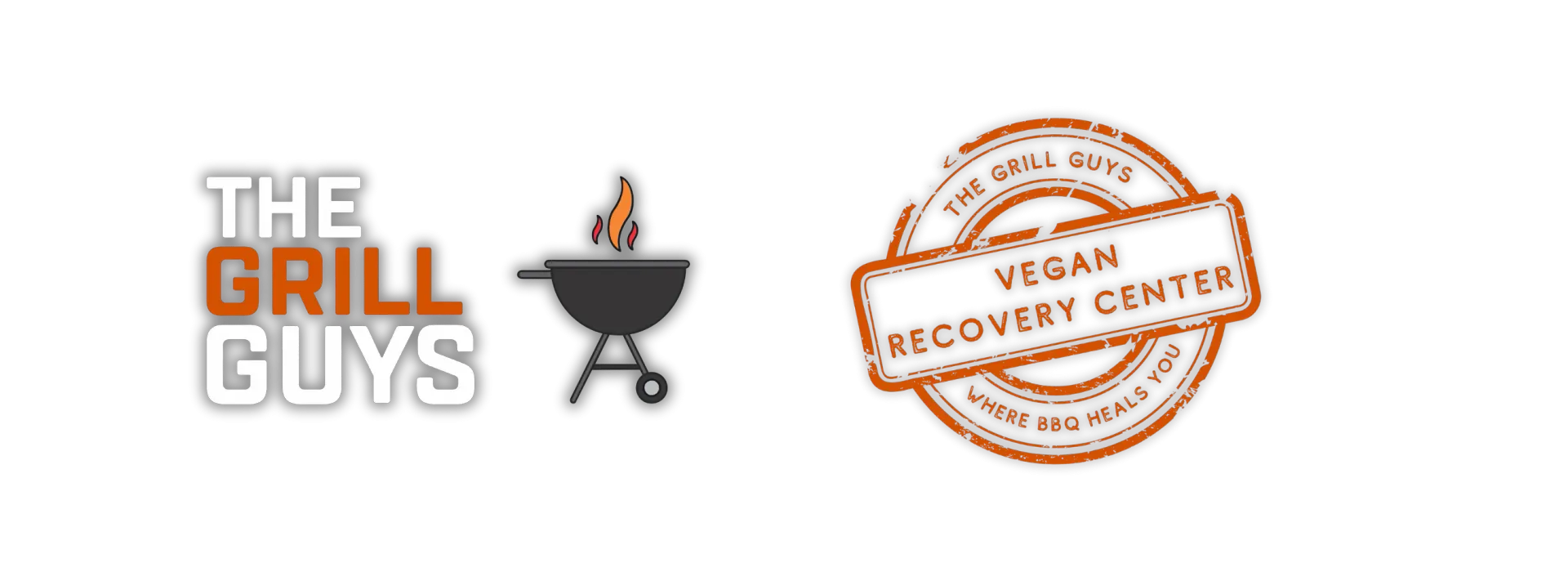 The Grill Guys logo beside a vegan recovery center stamp logo on a white background