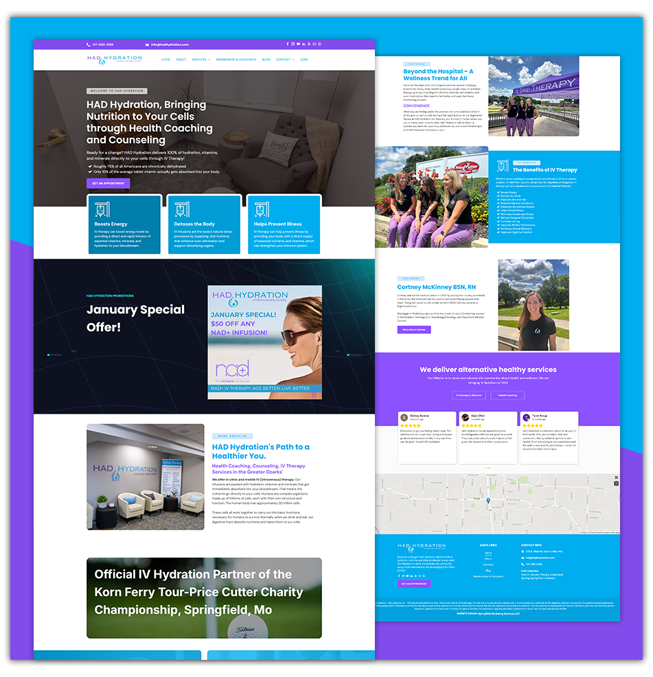 Colorful website homepage mockup with blue, purple, and black sections, photos, and promotional content blocks
