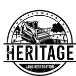 Black-and-white logo of a bulldozer with the text “HERITAGE LAND RESTORATION”