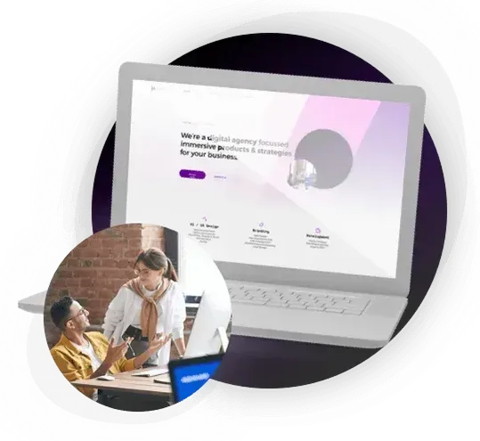 Laptop website mockup with purple accents and a small circular photo of people collaborating on screen
