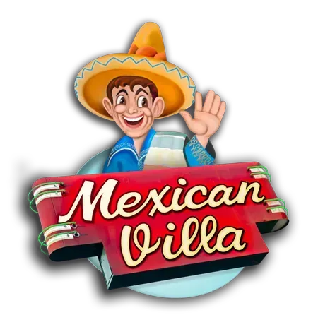 Cartoon smiling man in a sombrero waving above a red “Mexican Villa” restaurant logo