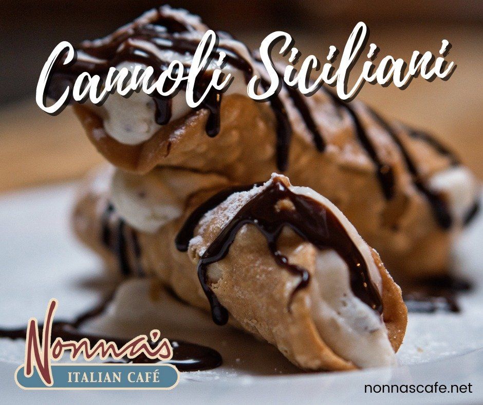 Cannoli Siciliani dessert topped with chocolate drizzle, branded for Nonna’s Italian Café
