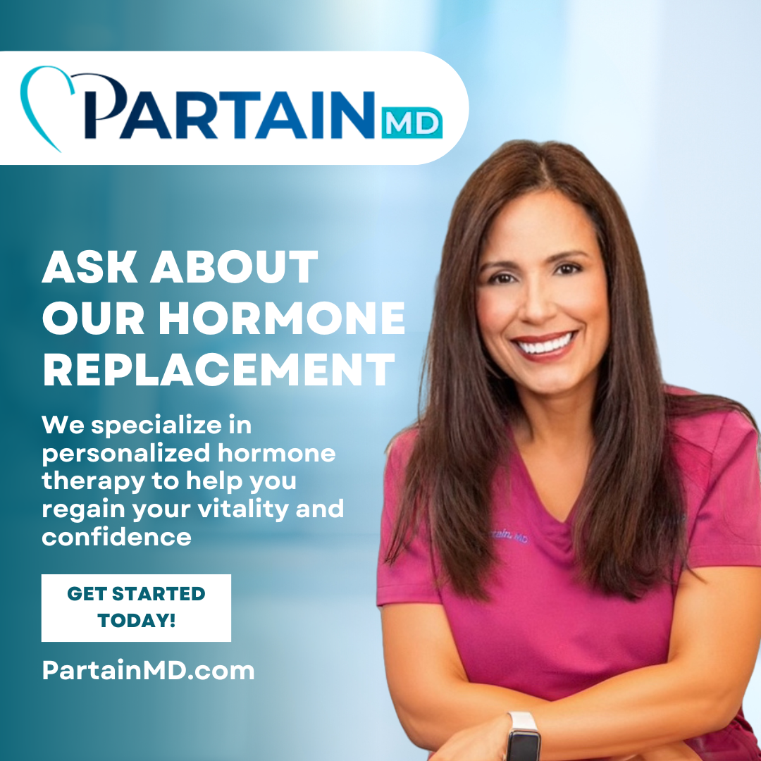 Partain MD ad with smiling woman in pink promoting hormone replacement therapy on blue background