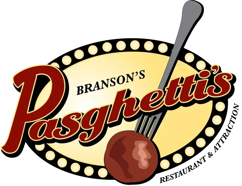 Branson’s Pasgetti’s restaurant logo with spaghetti, fork, meatball, and film reel border