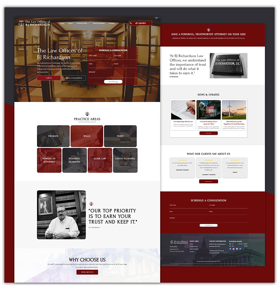 Red and white website homepage mockup with image tiles, text blocks, and a dark footer section