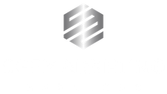 Abstract silver hexagonal logo on a white background