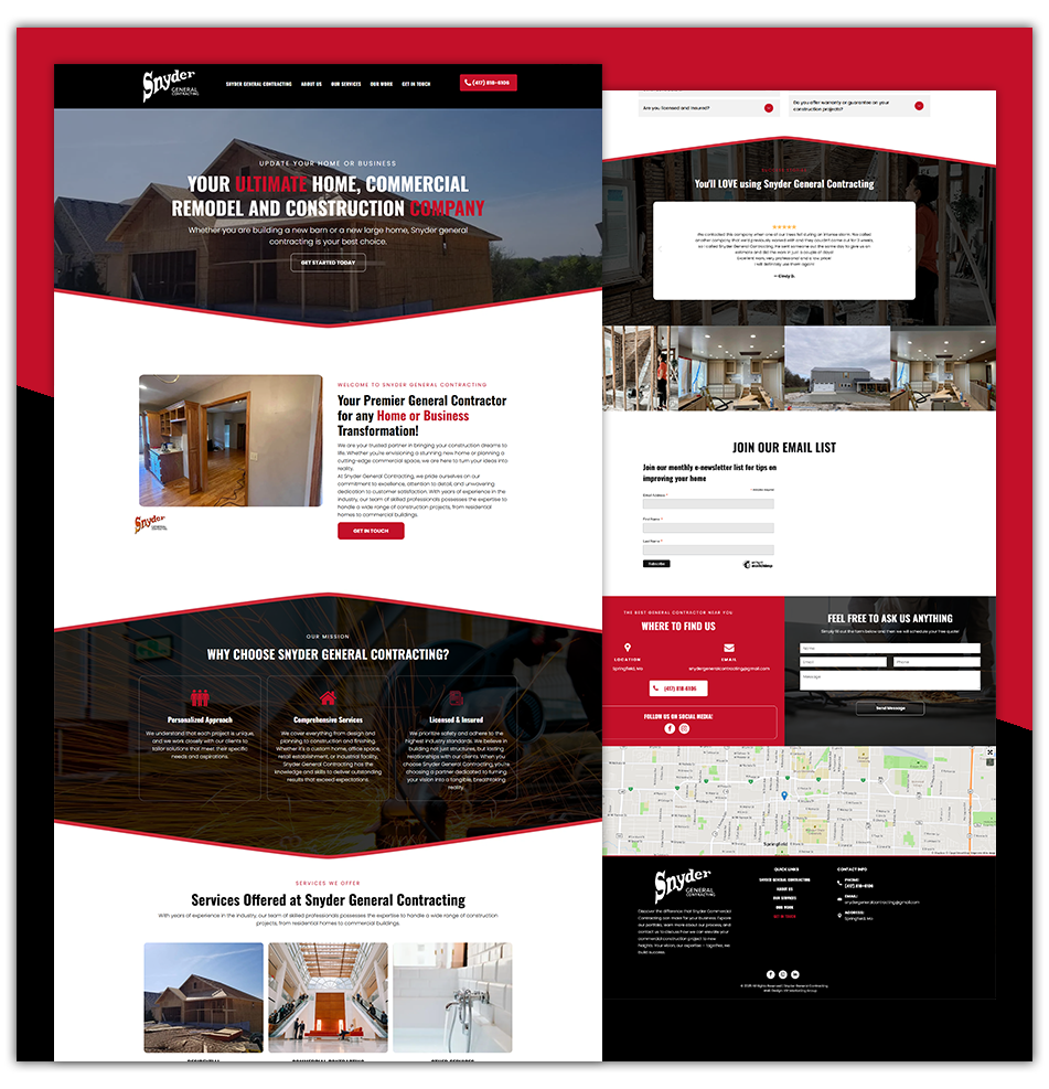 Website homepage mockup with red, black, and white sections for a construction company