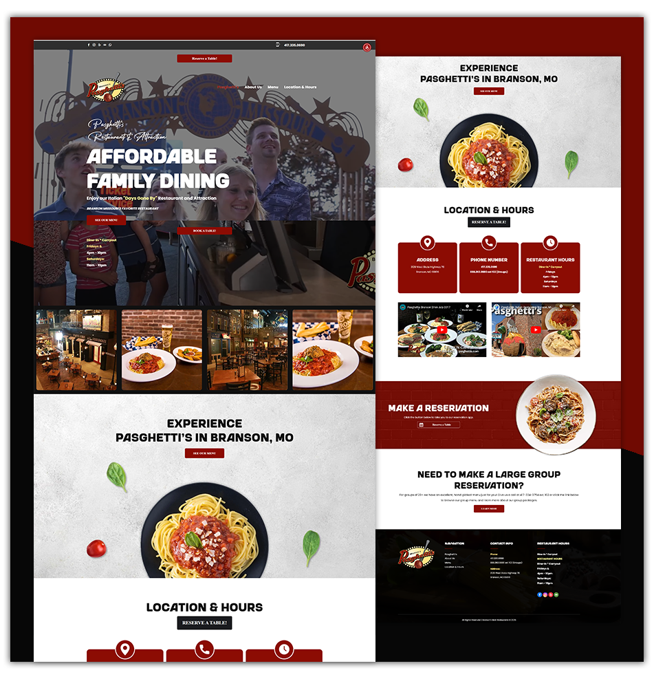Restaurant website mockup with red and white sections, food photos, and “Affordable Family Dining” headline
