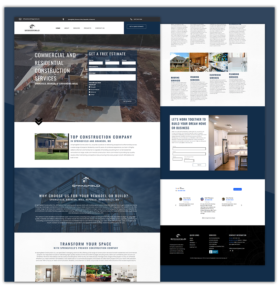 Collage of website homepage mockups with dark blue and white sections, text blocks, and form panels