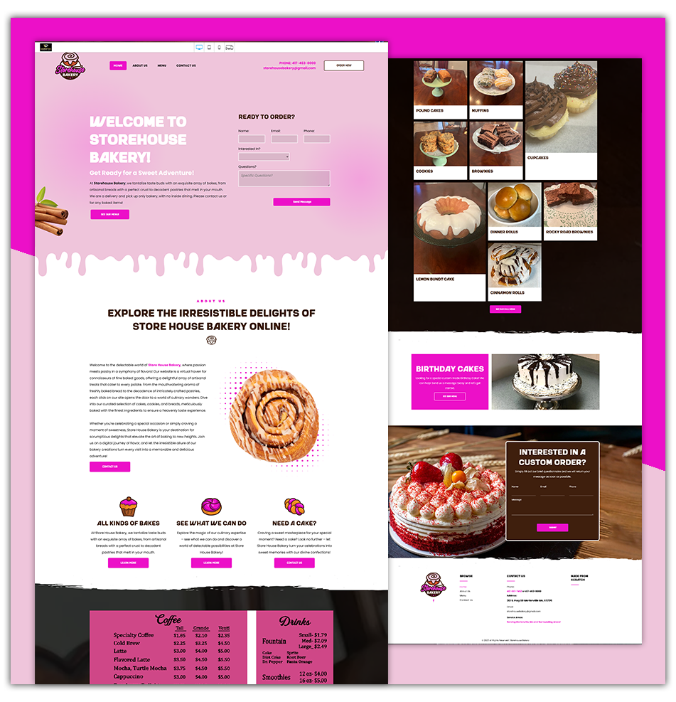 Pink bakery website mockup with dessert photos, menu cards, and product highlights