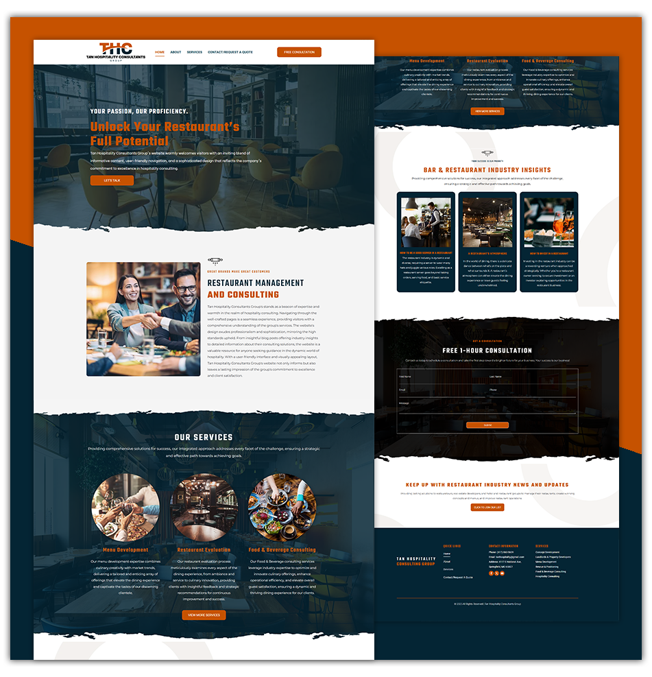 Dark teal and orange website mockup with multiple content sections, cards, photos, and call-to-action buttons