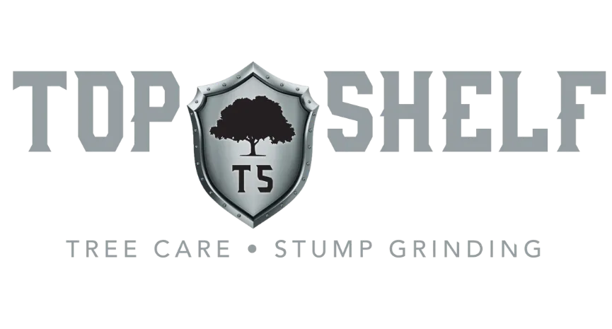 Top Shelf Tree Care and Stump Grinding logo with shield emblem and gray text