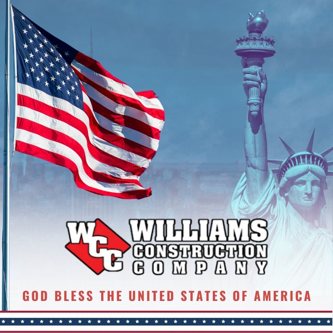 American flag beside Statue of Liberty with Williams Construction Company logo and “God Bless the United States of America”