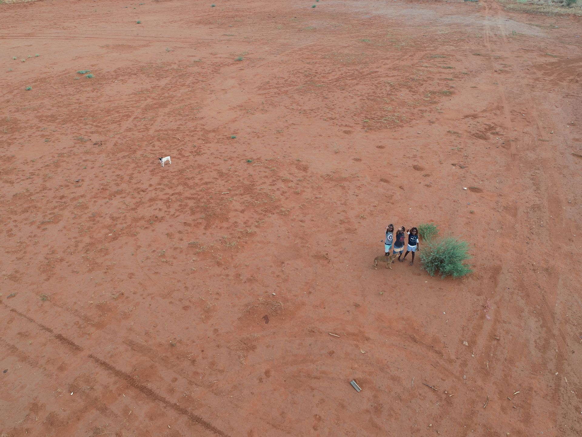 An aerial view of a group of people standing n remote Northern Territory. 