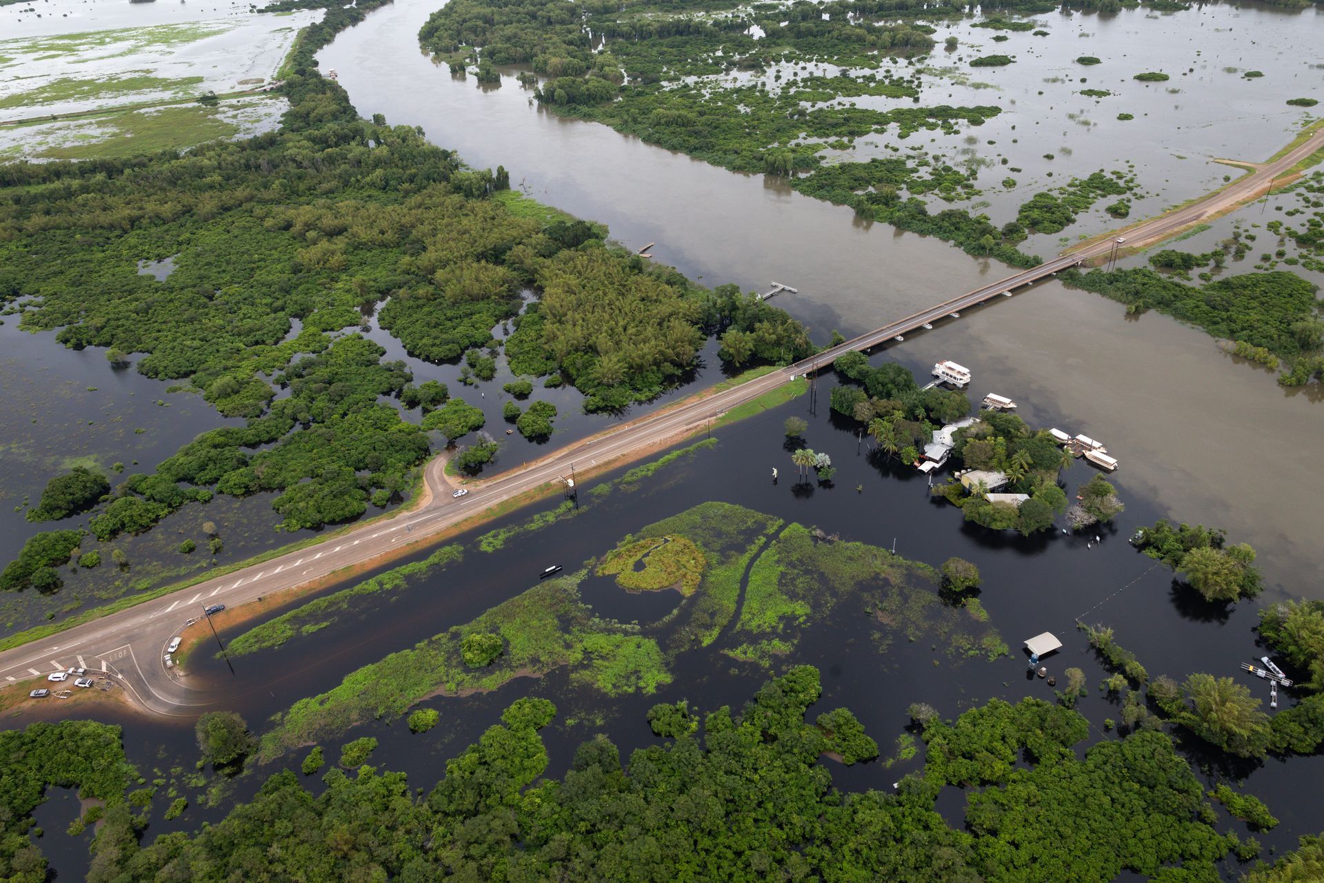 Aerial footage taken by Rise to assess damage of 2026 NT flooding over Adelaide River.