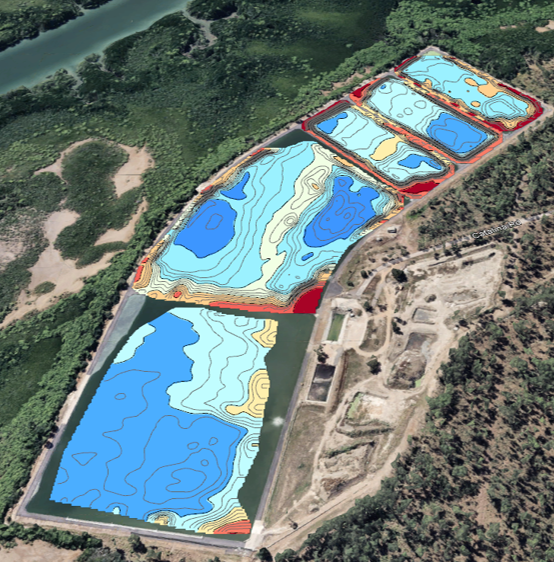Sludge accumulation survey data overlaid over image of waste stabilisation pond in remote Northern Territory.