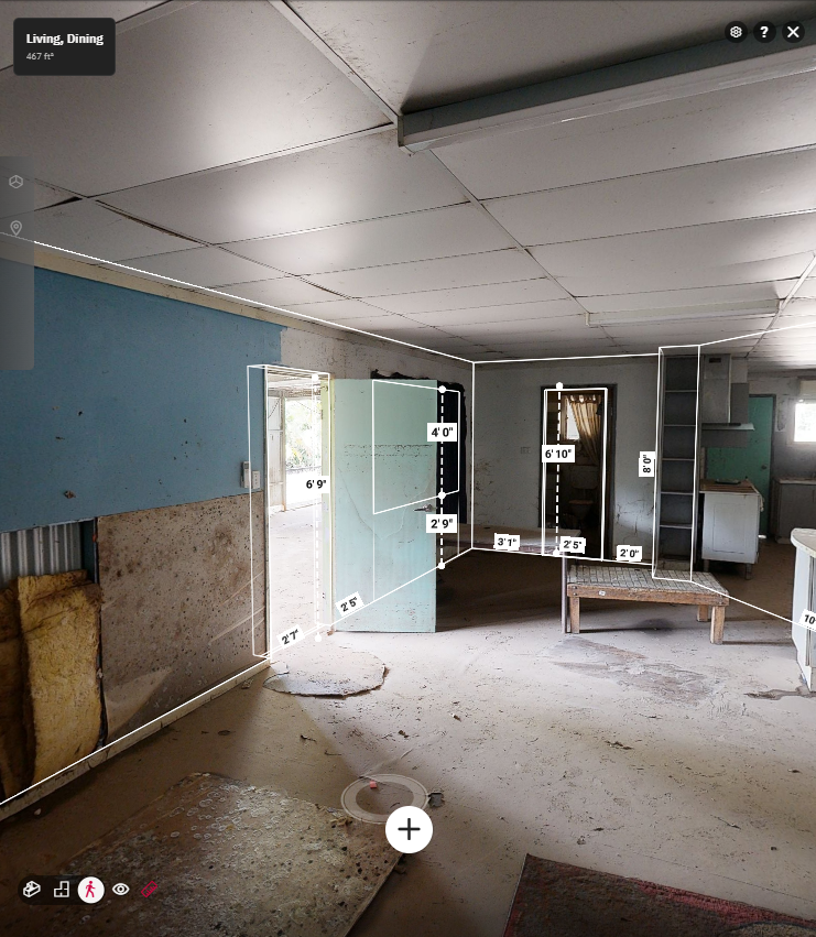 3D model digital twin of interior of damaged house with measurement tool in the Northern Territory.