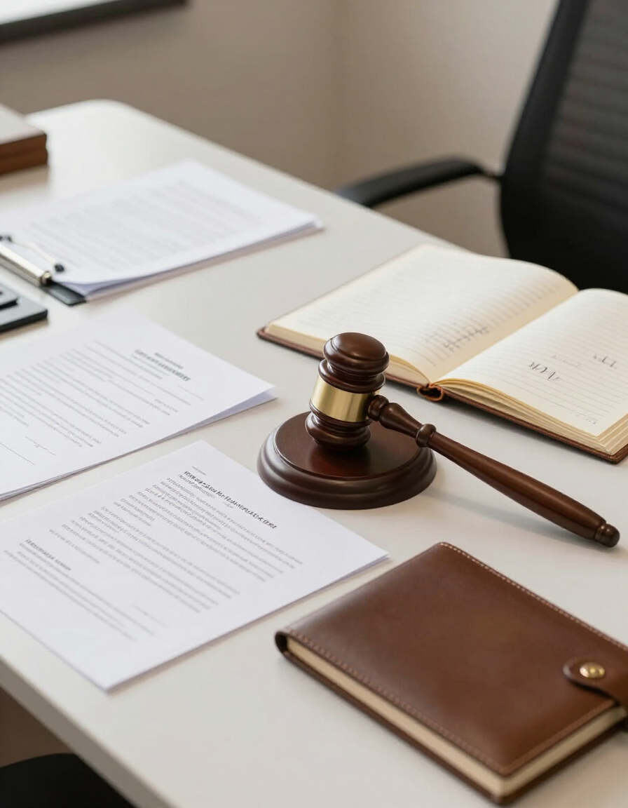 Un mazo y papeles sobre un escritorio junto a un cuaderno abierto y una carpeta de cuero en un despacho de abogados.