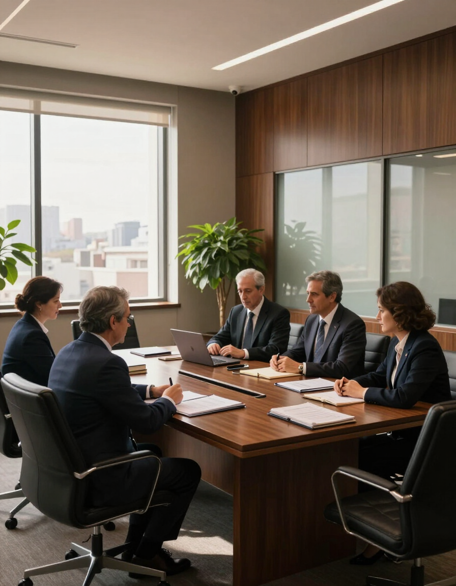 Reunión de negocios en una sala de conferencias, cinco personas