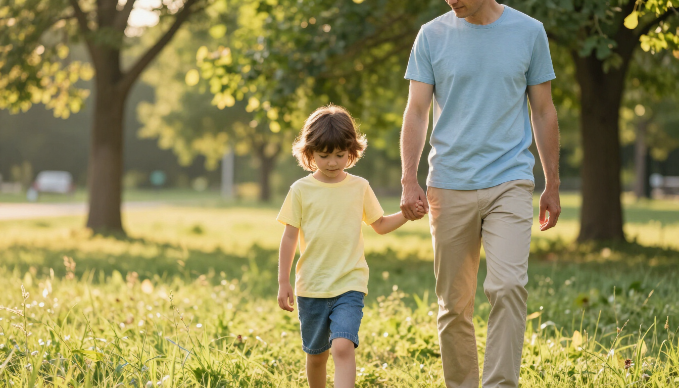 Un adulto y un niño caminan de la mano por un parque soleado con árboles y césped.