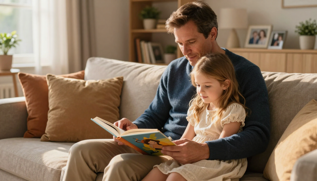 Un adulto leyendo un libro con un niño en un sofá beige en una sala de estar soleada.