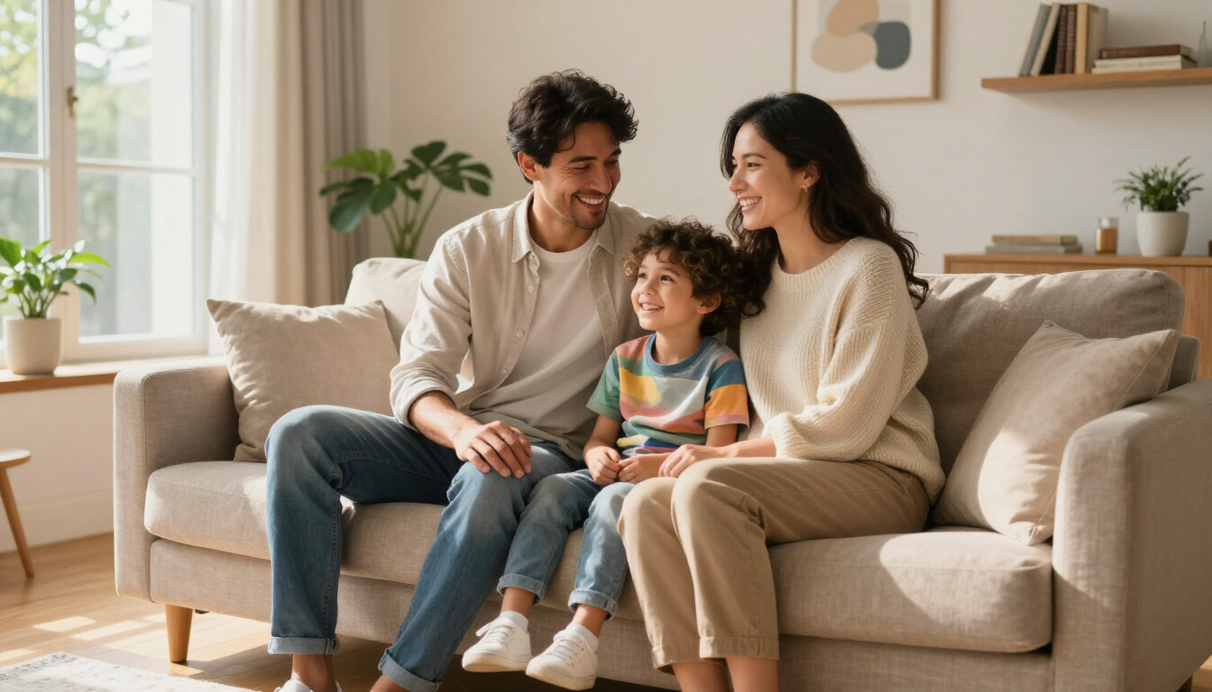 Familia sentada junta en un sofá beige en una luminosa sala de estar, sonriendo y charlando.