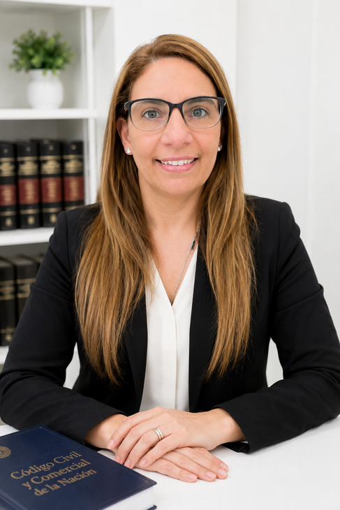Retrato de un profesional con gafas y chaqueta negra sentado en un escritorio con libros de derecho al fondo.