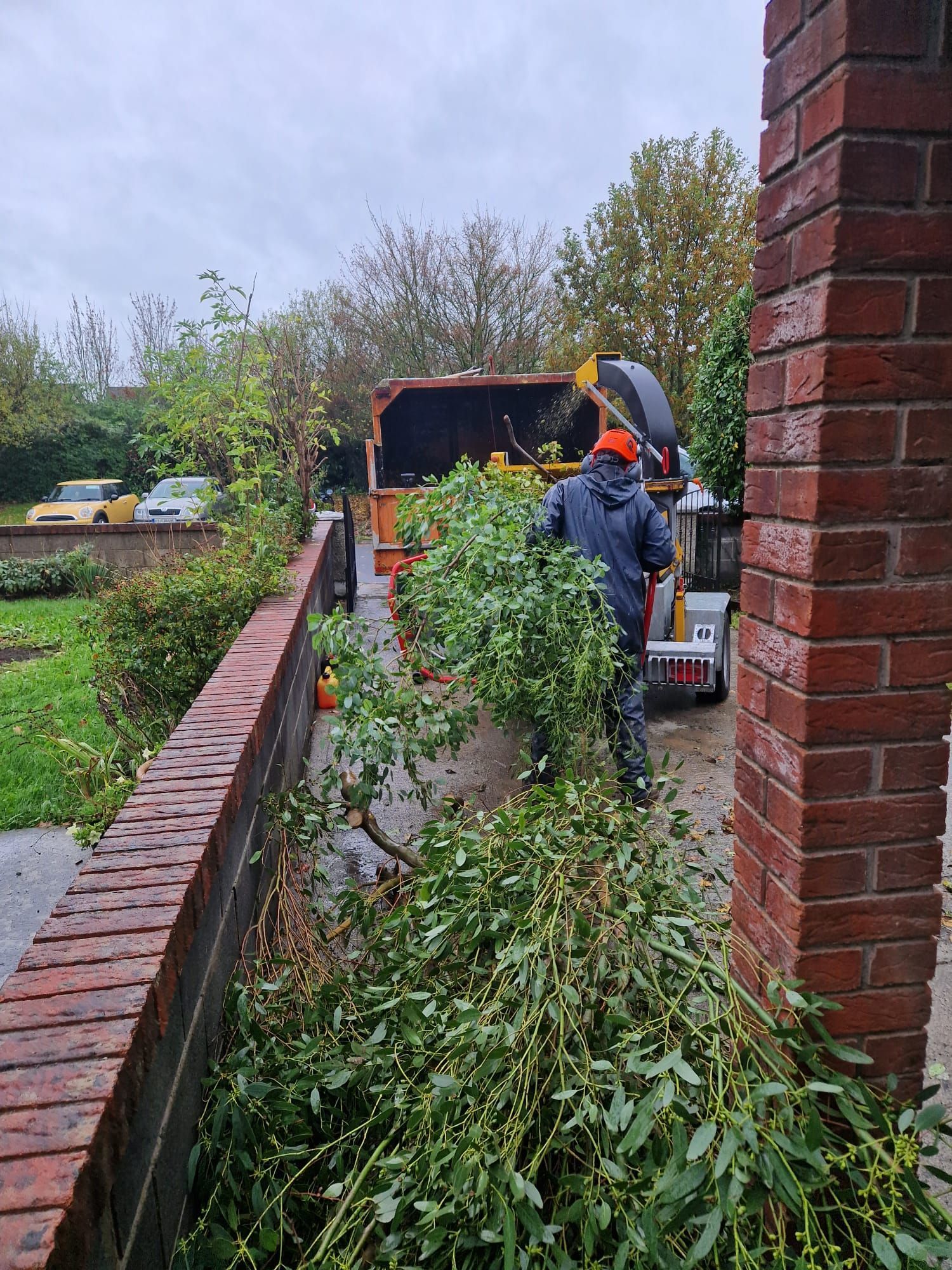 Man feeding a wood chipper with branches, near a brick structure.