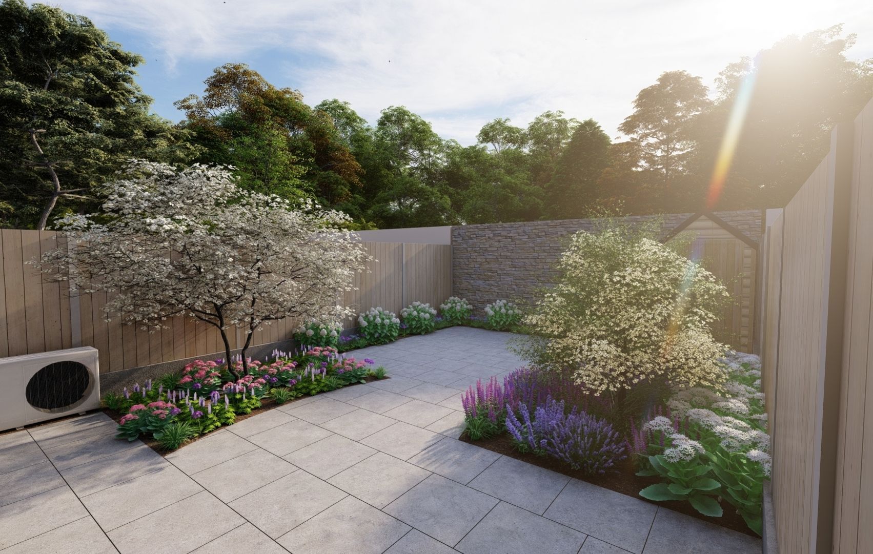 Patio with stone pavers, flower beds, trees, and wooden fences under a sunny sky.