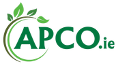 Logo for APCO.ie, green text and leaves with a curved line.