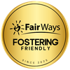 Gold circular FairWays Fostering Friendly logo with black text and sun-heart icon, “Since 2025” around edge