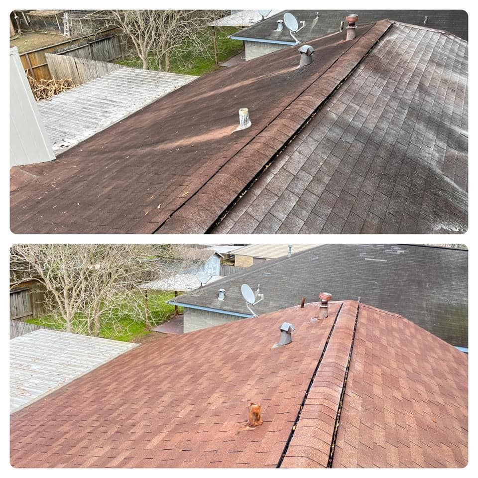 A before and after picture of a roof that has been cleaned.