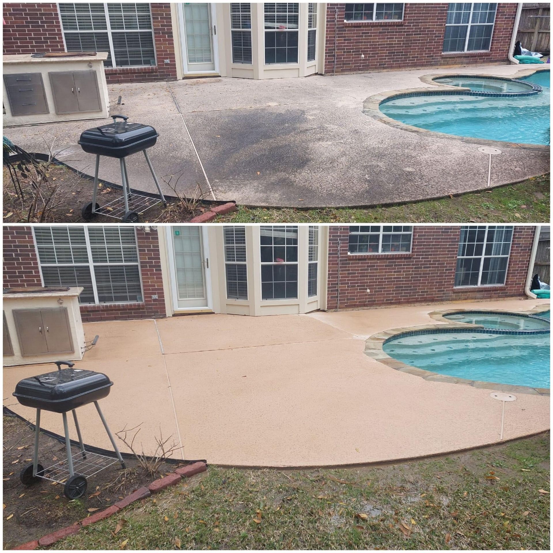 A before and after photo of a patio next to a pool.