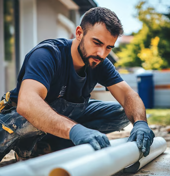 plumber piping plumber glues PVC pipes together by using cement glue to adhere plastic pipes