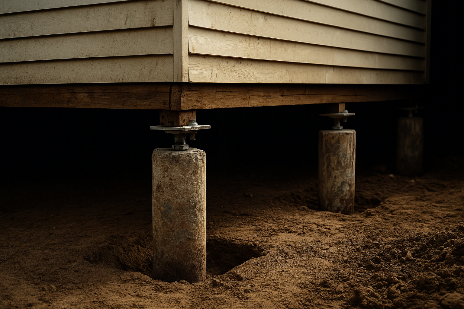 Raised house on concrete piers over a dirt crawlspace, with beige siding and shadowed underside.