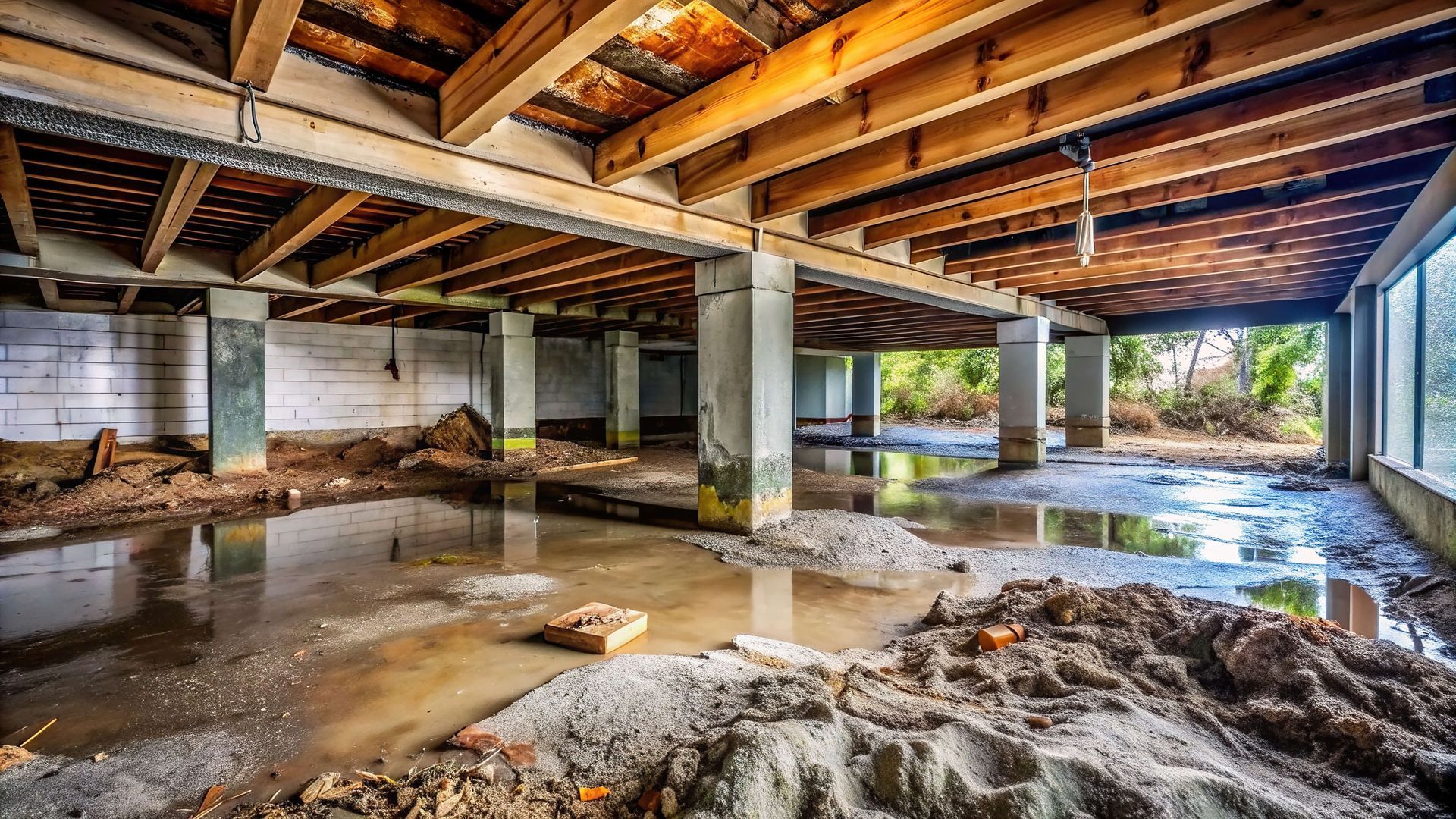 Flooded crawl space beneath a structure with exposed beams and support pillars.