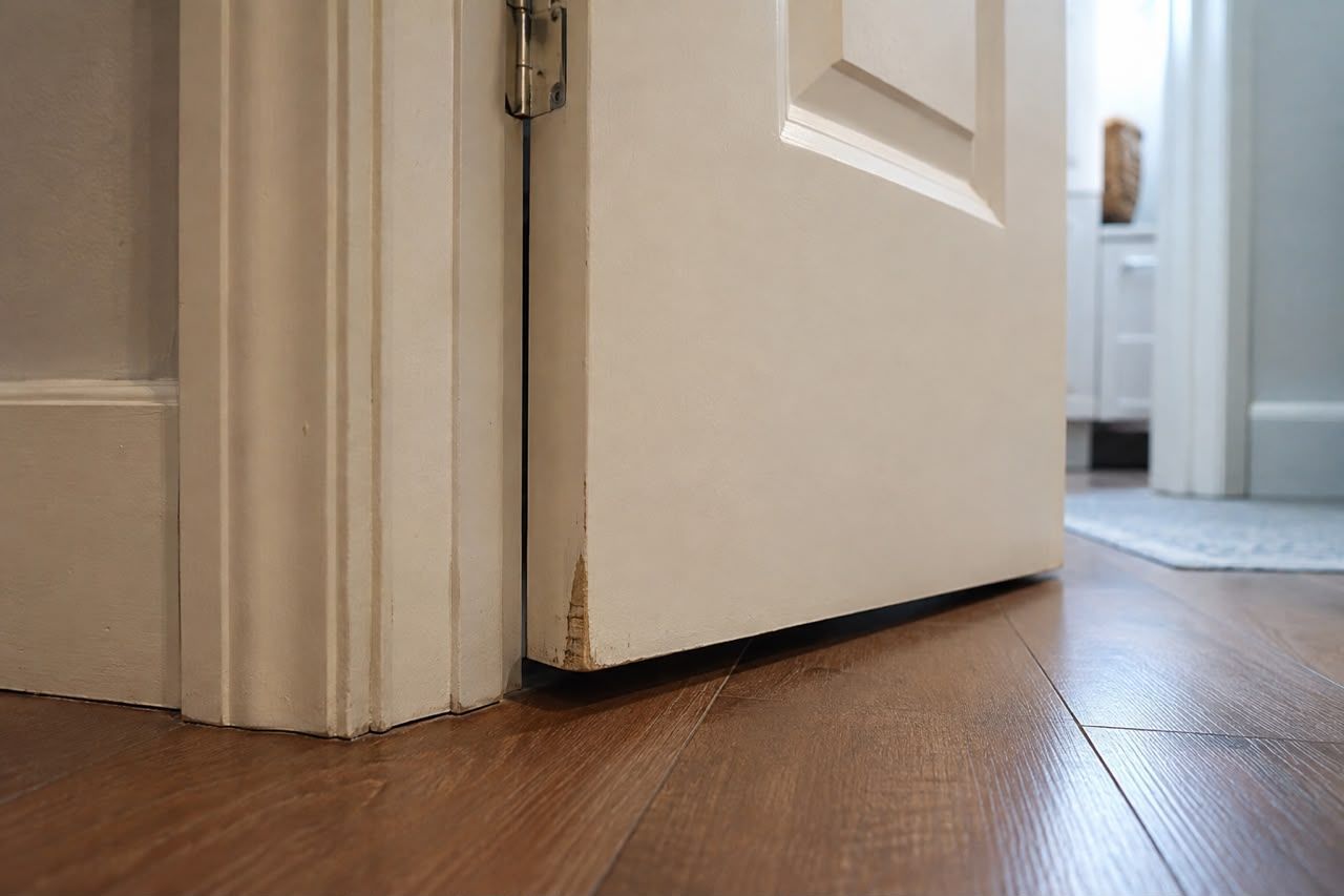 Partially open white door over hardwood floor in a hallway
