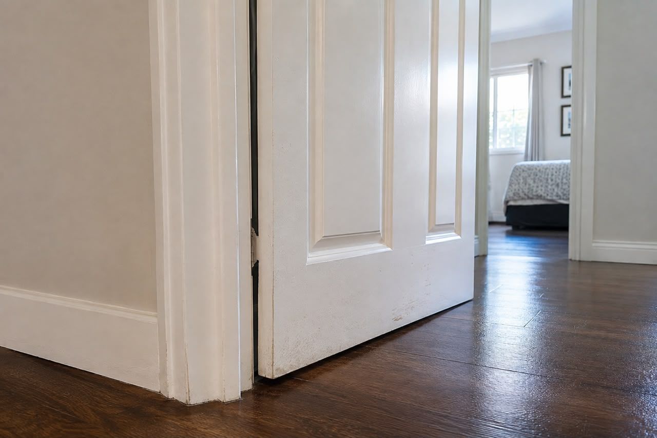Partially open white door in a hallway with hardwood floor, showing a glimpse of a bedroom beyond