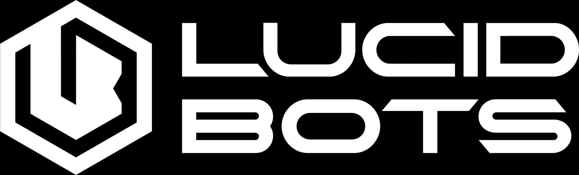 White “LUCID BOTS” logo and geometric hexagon icon on a black background