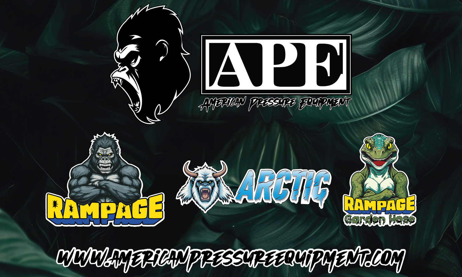APE logo with ape silhouette and three brand logos on dark green textured background, website URL along bottom