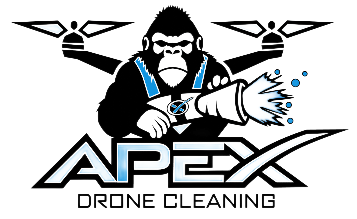 Ape logo with a gorilla holding a pressure washer, “APEX Drone Cleaning” text in black and blue.
