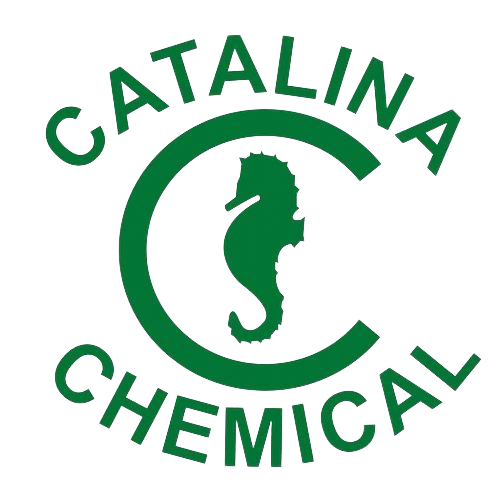 Catalina Chemical logo with green seahorse inside a circle and curved text around it