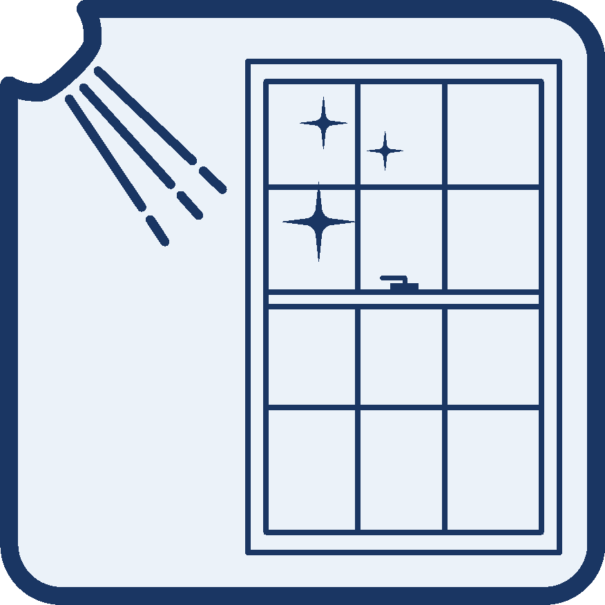 Blue icon of a window with sunlight and sparkles, suggesting a clean or bright window